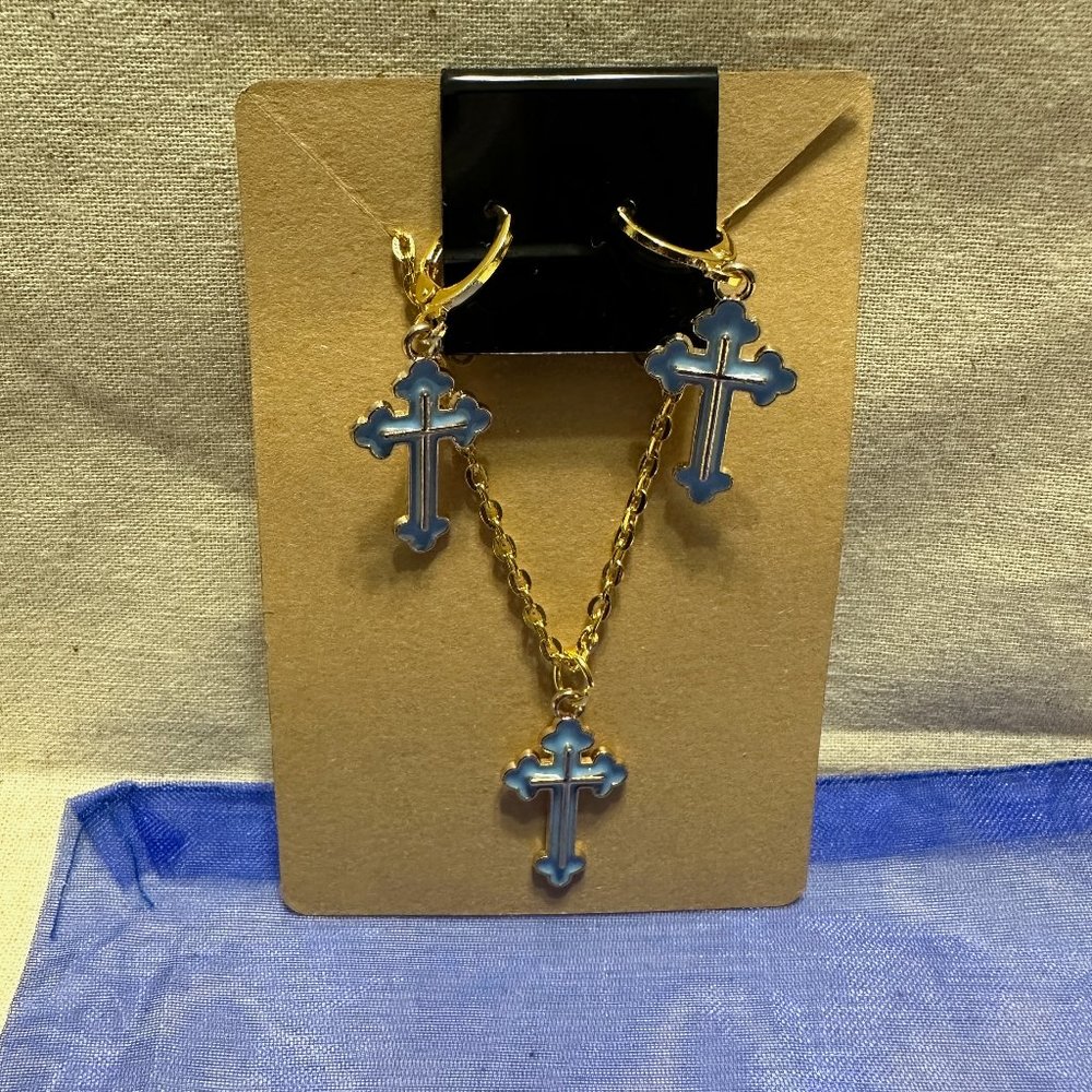 Made By Me Cross Earrings & Necklace Set Royal Blue